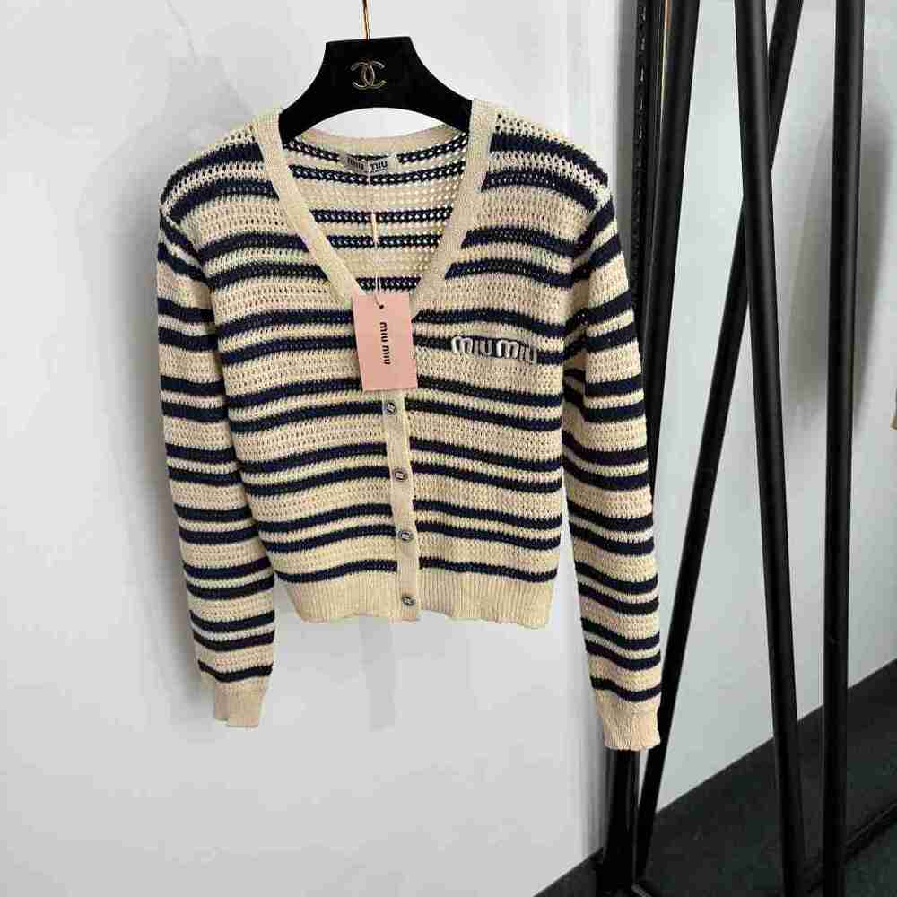 Miu Miu Striped Open Knit V-Neck Cardigan